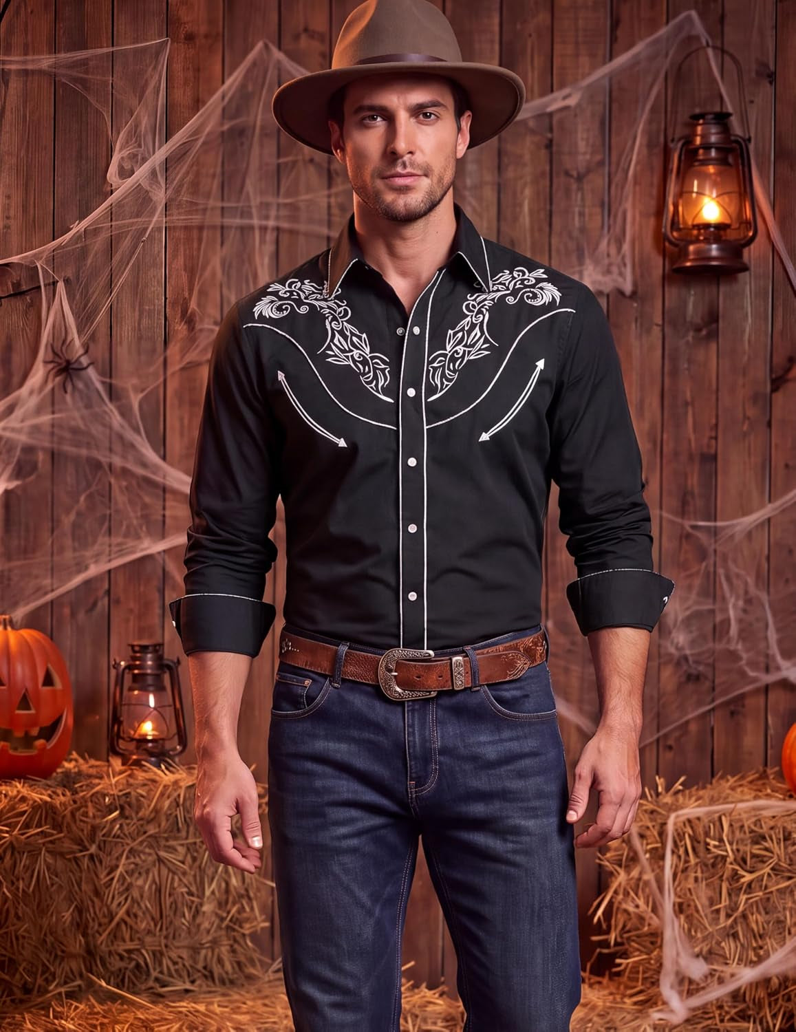 Men'S Cowboy Shirts Embroidered Rose Design Shirts Western Long Sleeve Button down Shirts