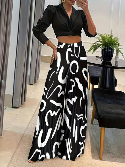 Elegant Geometric Print Loose Wide-Leg Fashion Pants for Women, Spring/Summer Black