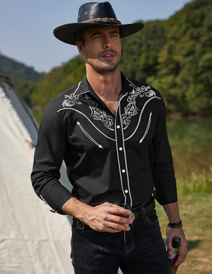 Men'S Cowboy Shirts Embroidered Rose Design Shirts Western Long Sleeve Button down Shirts