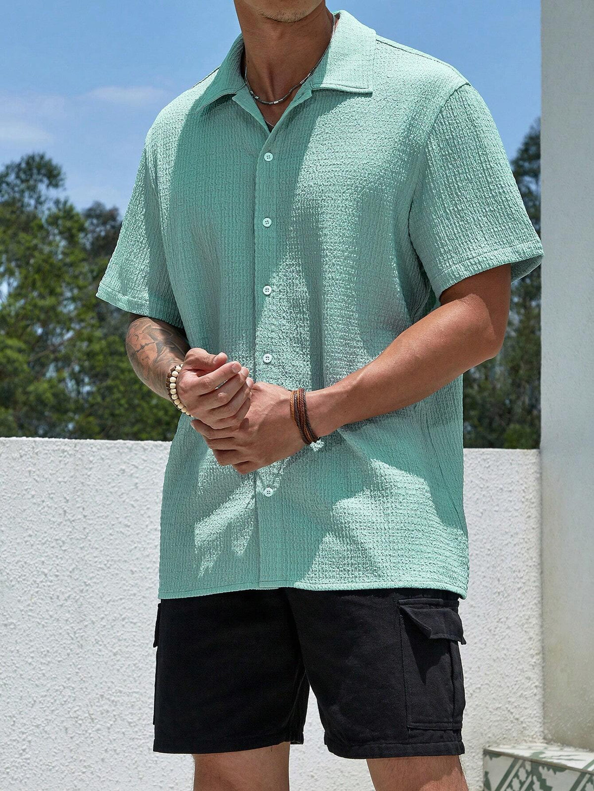 Manfinity Homme Men'S Pcs Knit Pleated Textured Jacquard Shirt Set,Mint Green Casual Summer Vacation Holiday Resort Loose-Fit Short-Sleeve Button-Front Shirt Set