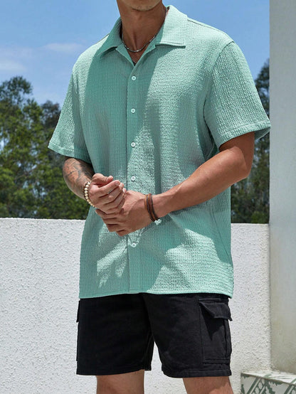 Manfinity Homme Men'S Pcs Knit Pleated Textured Jacquard Shirt Set,Mint Green Casual Summer Vacation Holiday Resort Loose-Fit Short-Sleeve Button-Front Shirt Set