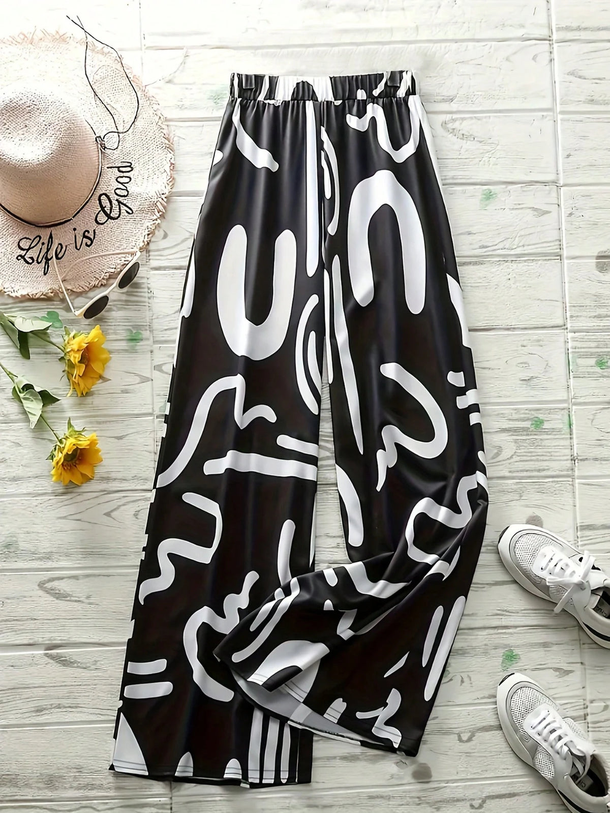 Elegant Geometric Print Loose Wide-Leg Fashion Pants for Women, Spring/Summer Black