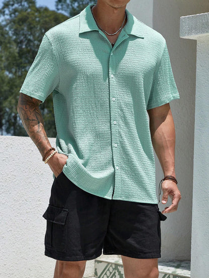 Manfinity Homme Men'S Pcs Knit Pleated Textured Jacquard Shirt Set,Mint Green Casual Summer Vacation Holiday Resort Loose-Fit Short-Sleeve Button-Front Shirt Set