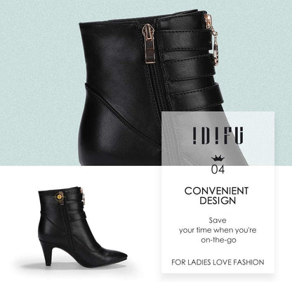 Women'S Pointed Toe Metal Buckle Two Strap Ankle Booties Side Zipper Kitten Heel Dress Classic Short Boots