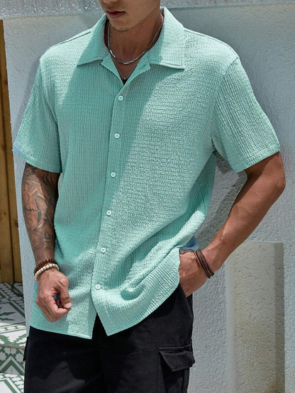 Manfinity Homme Men'S Pcs Knit Pleated Textured Jacquard Shirt Set,Mint Green Casual Summer Vacation Holiday Resort Loose-Fit Short-Sleeve Button-Front Shirt Set