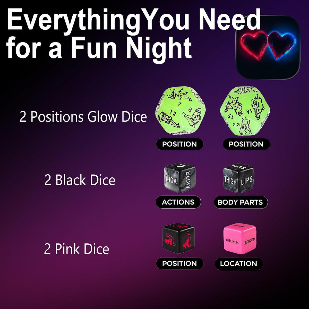 Couples Glow-in-the-Dark Sex Dice Game: Adult Dice Featuring Positions, Body Parts, Actions & Locations for Romantic Date Nights and Gifts